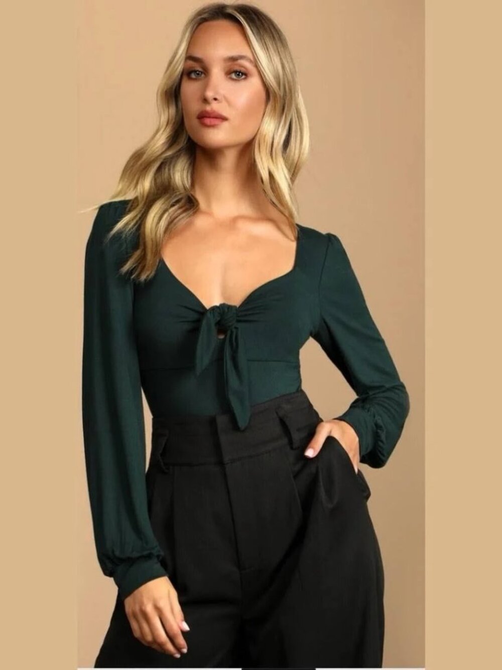 Lulu's Deep Teal Long Sleeve Tie-Front Bodysuit